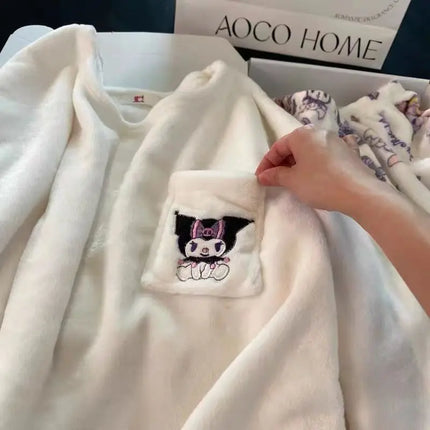 Kawaii Sanrio Hello Kitty Pajamas Cartoon Soft Plush Female Flannel Winter New Plus Velvet Thick Sweet Warm Tracksuit