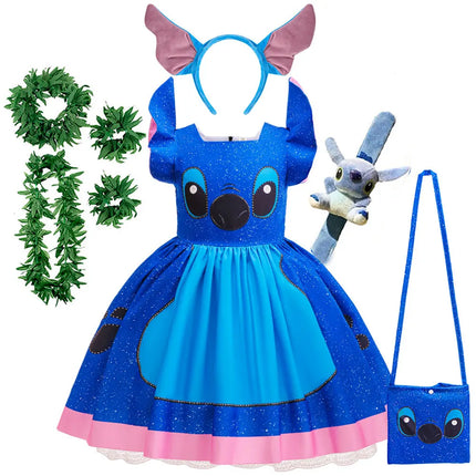 Disney Lilo and Stitch Same Style Girl Cosplay Stitch Halloween Party Dress + Accessories Summer Short-Sleeved Fluffy Cute Dress