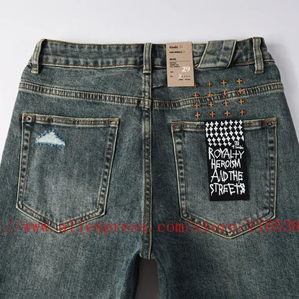 2026 Hot New Men's Blue Acid Washed Denim Shorts Distressed Ripped Embroidered Slim Fit Casual Shorts Streetwear Bottoms