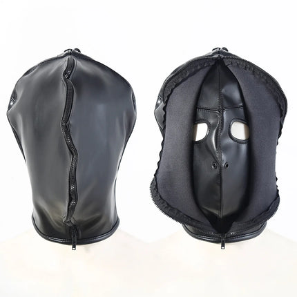 PU Leather Bondage Mask Full Head Hood Blindfold BDSM Fetish Roleplay Slave Harness Sexy Adult Sex Toys for Women Men Couples
