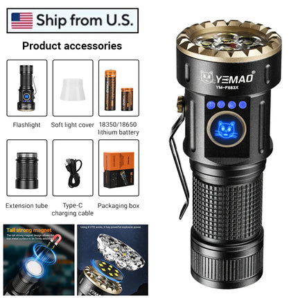 YEMAO Rechargeable EDC Flashlight,500LM Dual Light Sources Mini Torch with Red Light Sensor Headlamp Portable Pocket Flashlights