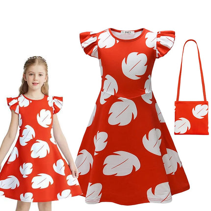 Disney Anime Lilo&Stitch Cartoon Dress for Girls Summer Hawaiian Red Leaf Print Kids Cosplay Knee Length Flying Sleeves Dresses