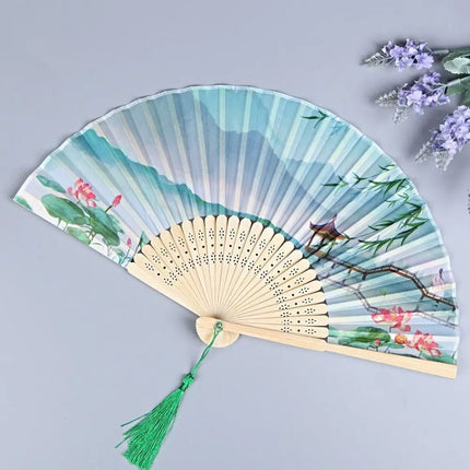 Retro Flower Pattern Home Decoration Elegent Bamboo Folding Fan Chinese Style Painting Handheld Fan Dance Performance Props