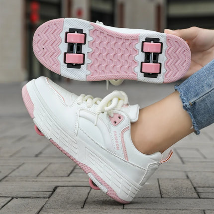Children's Roller Skates Four-Wheel Wear-Resistant Fashion Leather Breathable Sports Entertainment Wheel Shoes for Kids