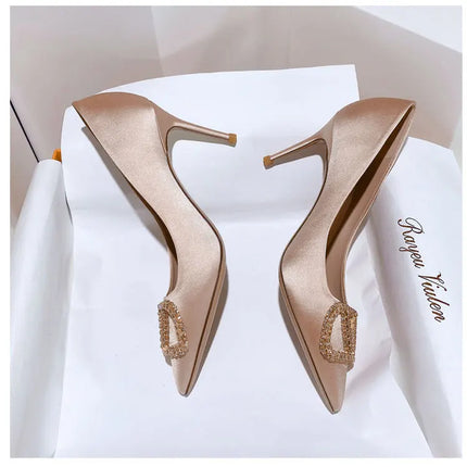 2025 New Women's Slim High-Heeled Pointed Toe Pumps with Rhinestone Buckle - Sexy Shallow-Cut Single Shoes