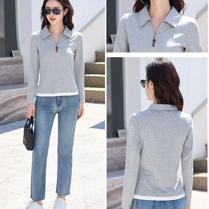 False Two-piece Design Polo Collar Shirt Women's Long Sleeve Cotton T-Shirt Solid Color Business Casual Blend Top Fashion Style