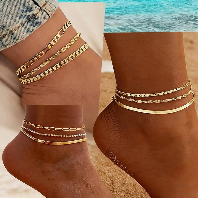 Women's golden ankle bracelet, 14k gold plated waterproof Cuban chain bracelet set, layered bracelet, adjustable size（5pcs）
