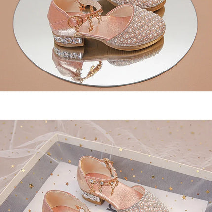 Girls High Heeled Shoes for Wedding Party Glitter Rhinestone Pendants Shiny Glitter Fashion Princess Kids Leather Dress Shoes