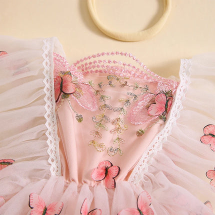 Summer Infant Baby Girl Rompers Dress Lace Trim Butterfly Embroidered Fly Sleeve Tulle Jumpsuit Bodysuits Clothes with Headband