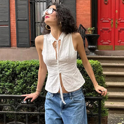 Lamuusaa y2k Tank Top Women Summer Clothes White Flower Embroidery Mock Neck Front Cutout Sleeveless T Shirt Vest Streetwear