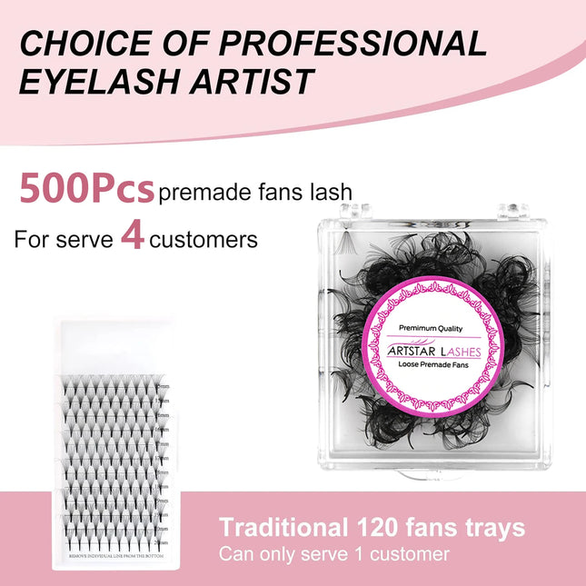 ARTSTAR 500 Loose Fans Eyelash Extensions CC curl 5D-20D Medium Stem Sharp Russian Volume Fans Premade Volume Lashes