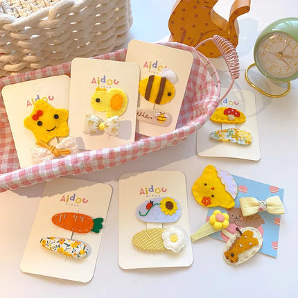 2 Pcs Korean Cartoon Animal Hair Clip Sweet Fabric BB Clip Bow Hair Clip Broken Hair Edge Clip Yellow Tie Girls Hair Accessories