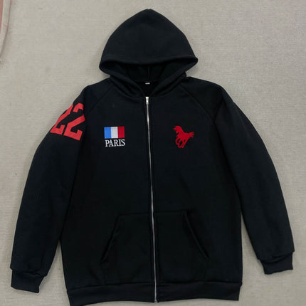 Navy Paris Horse Graphic Zip Up Hoodie, Unisex Y2K Streetwear French Jacket, Casual Edgy Number 2 Hooded Sweatshirt
