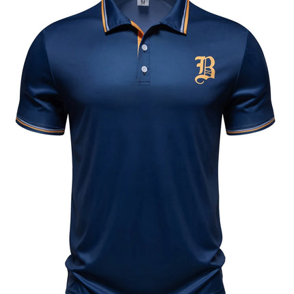 Men's Fashion Simple Letter Printed Color Blocked Short Sleeve Button Collar Polo Shirt Summer Daily Golf Polo Shirt