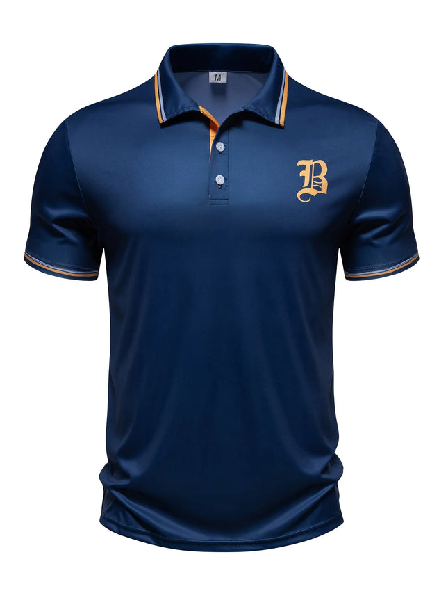 Men's Fashion Simple Letter Printed Color Blocked Short Sleeve Button Collar Polo Shirt Summer Daily Golf Polo Shirt