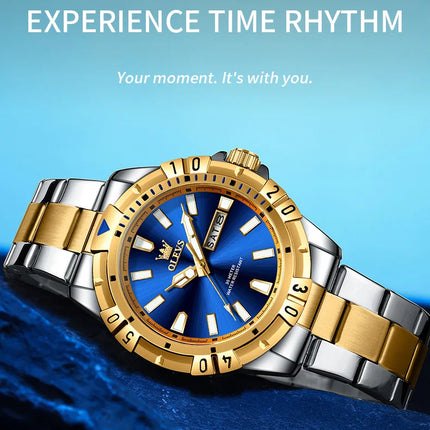OLEVS Men's Watches Luxury Diving Series Stainless Steel Waterproof Luminous Dual Calendar Fashion Quartz Wristwatch for Men