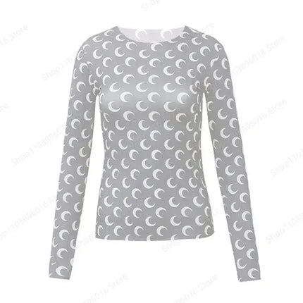 Moon Printed Tshirt Graphic Top for Women Stretchy Slim Korean Fall Spring Long Sleeve Tees Y2k Grunge T-Shirt 2000s Clothes
