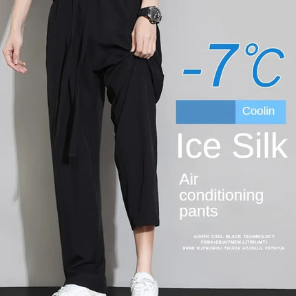 Summer New Arrival Men's Ice Silk Wide Leg Pants - Black Lightweight Breathable Quick-Dry Long Trousers (Cross-Border Exclusive)