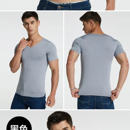 4Pcs Summer Ice Silk Men T-Shirt Vest Men's No Trace Sports Short Sleeve T-shirt Solid V-neck Tees Quick Dry Shirt Tops Fitness