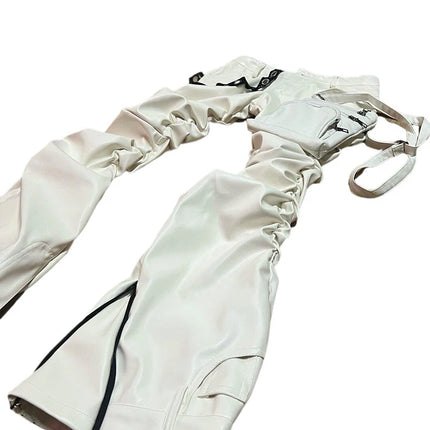 Mauroicardi Spring Autumn Cool Handsome Fitted Long White Pu Leather Ruched Pants for Men Luxury Designer Alternative Clothes
