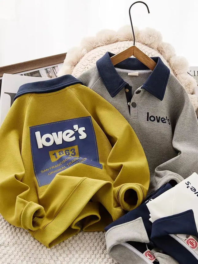 New Letter Printed Boys Polo Sweatshirt Autumn Sportswear Costume Kids Tops Children's Clothes Pullove Teen 6 8 10 12 14 Years