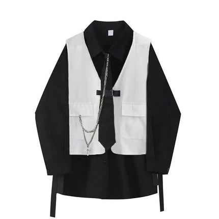 Men Women Gothic Shirt Suit Korean Loose Long-sleeved Blouse Functional Workwear Suit Vest Two-piece Set 2023 Spring Autumn Top