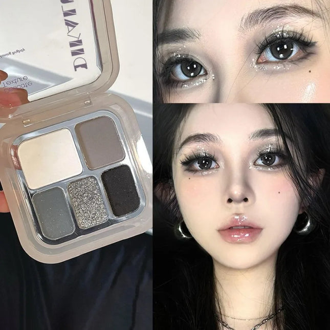 5-Color Punk Smokey Eye Makeup Eyeshadow Palette Silvery White Cement Gray Dark Black Matte & Shimmer Lasting Party Makeup