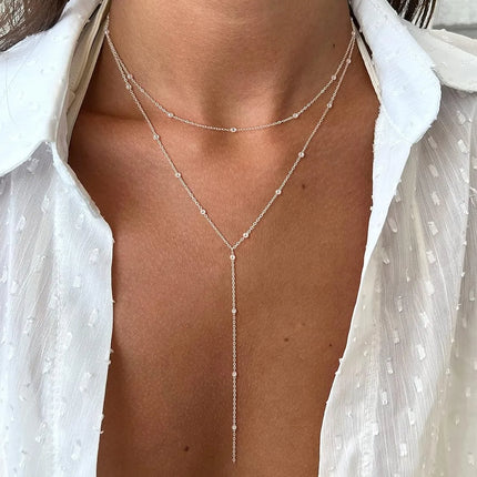 Gold Necklace for Women 14k Gold Plated/Silver Y-Shaped Pendant Necklace Layered Beaded Chain Drop Necklaces For Women Gift