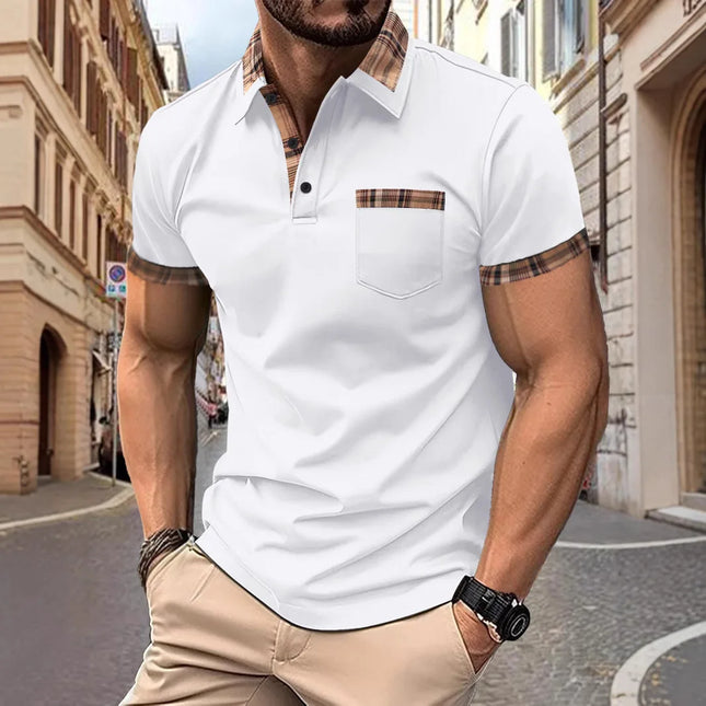 The 2025 Summer New Men's Sporty casual comfortable top is a solid-color patchwork short-sleeved POLO shirt with false pockets