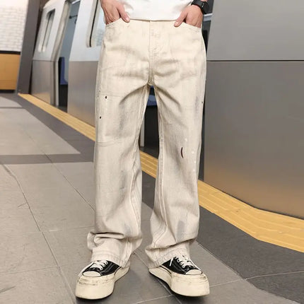 High Street Vibe Style Graffiti Off-White Jeans Men's Retro Loose Versatile Wide-Leg Floor-Length Trousers Trendy