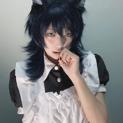 16Inch Blue Black Color Handsome Synthetic Wig With Bang Medium Natural Wavy Hair Wig for Man or Women Cosplay Heat Resistant