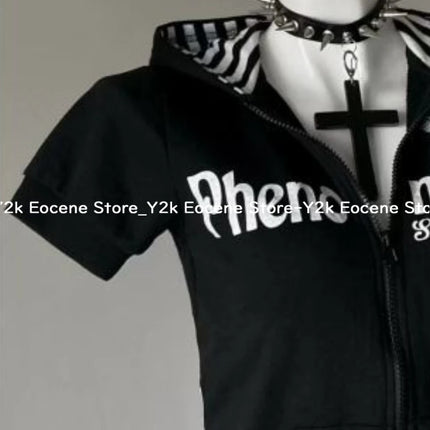 Y2K Subculture Skull Print Zip Cardigan Short Sleeve Women Japan Slim Fit Striped Hoodie Casual Tops Fashion Streetwear Clothes