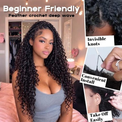 Curly Human Crochet Hair For Black Women Deep Wave Crochet Human Hair Bundles 14 Inch 120G Pre-Separated Feather Crochet Human Hair Deep Wavy Invisible Crochet Hair Extensions Natural Color