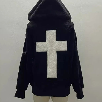 Subculture Cross Y2k Lamb Wool Jackets Women Gothic Hoodies Skull Grunge Zipper  Streetwear Harajuku Female Vintage Casual Coat