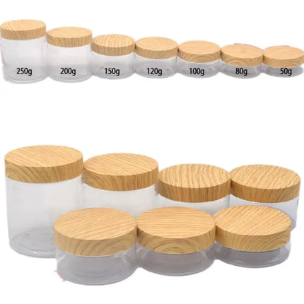 25pcs/lot Empty 100-250g Eye/Face Cream Jar Facial Mask Plastic Makeup Container Lotion Cosmetic Bottle With Imitation Wood Lid