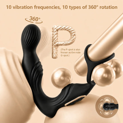 Prostate Massager Vibrator for Men Anal Plug Rechargeable 360 Rotating Head Remote Control Penis Ring Waterproof Sex Toy for Gay