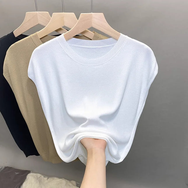 Ice Silk Knitted Top Women's Summer Thin Shoulder Drop Round Neck Short Sleeve T-shirt Pure Color Commute Style Outerwear
