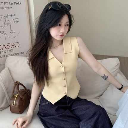 Women's French Temperament V-neck Sleeveless Slim Fit Knitted Vest Single Breasted Elegant Style