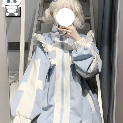 Japanese Y2K aesthetic Lolita style women's Harajuku style zip-up sweatshirt loose jacket autumn decadent casual ruffled patchwo