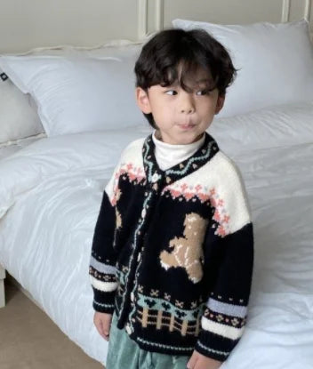 LILIGIRL Ins Korean Children Knitted Sweater Autumn Winter Cotton Soft Fashion Bear Knitted Boy's Cardigan Girl Sweater Coat