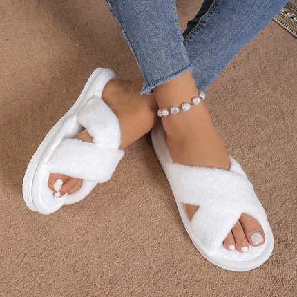 Popular Cross Furry Slippers Female Fluffy Slides Autumn Winter Outdoor Fashion Sexy EVA Light Flip Flops Sweat Soft Flat Shoes