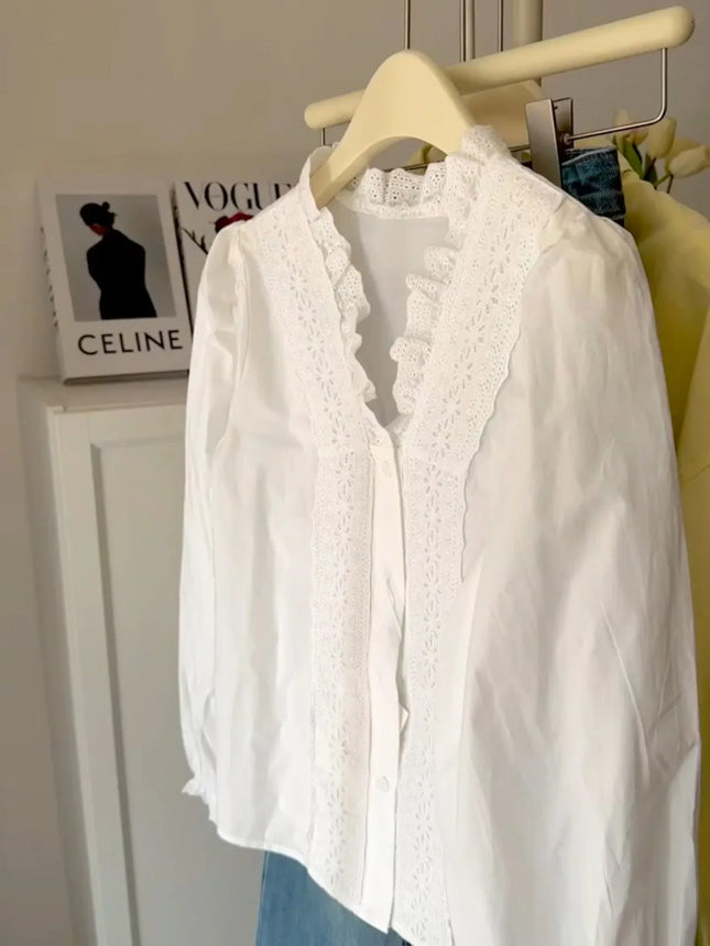 Lace Ruffles Sweet White Shirt Women Elegant Long Sleeve Vintage Korean Blouse Fall Casual Stand Collar Female Retro Tops