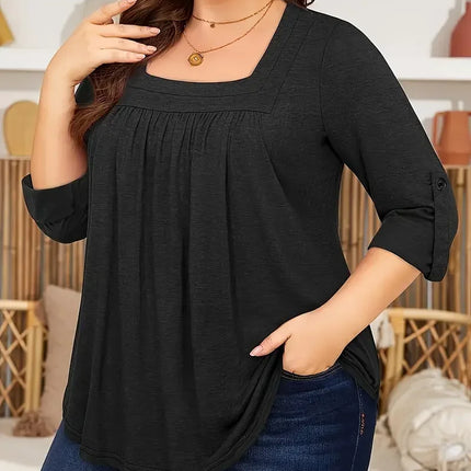 Plus Size Summer 1XL-5XL Women's Fashionable Solid Color Square Neck Blouse Ladies Casual Summer Solid Color Blouse Shirt Tops