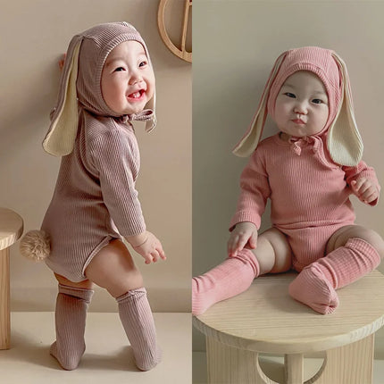 2026 Newborn Baby Rabbit Romper Clothes 3 Pcs Solid Ear Hat Bodysuit Socks Casual Bunny Costume 0-24M Boy Girl Outfits