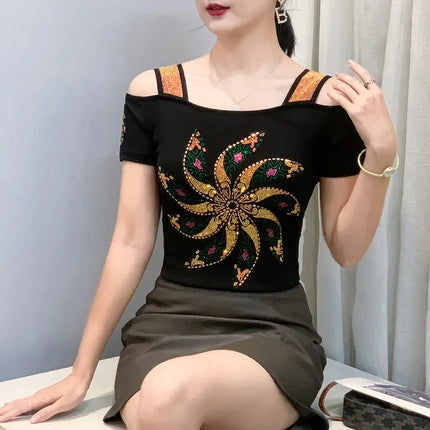 New Summer European Clothes Women's T-Shirts Luxury Butterfly Hot Diamonds Tees Sexy Streetwear Off-Shoulder Tops Shirt