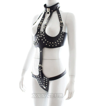 Thierry Adult Games Fetish  Leather Women's Bondage Cupless Bare Breast Open The Crotch With Neck Collar Chastity Device