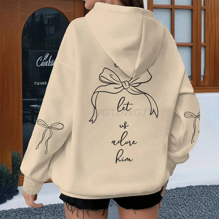 Coquette Bow Print Bible Verses Hoodies "Come Let Us Adore Him" Hoodie Fashion Women Vintage Fun Christian Jesus Hoody