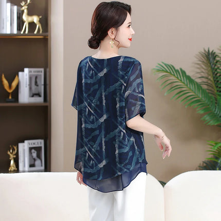 Women's Summer Plus Size Chiffon Blouse T-shirt Retro Patterns Lapel Half Sleeved Tops Women's 2024 New Clothing