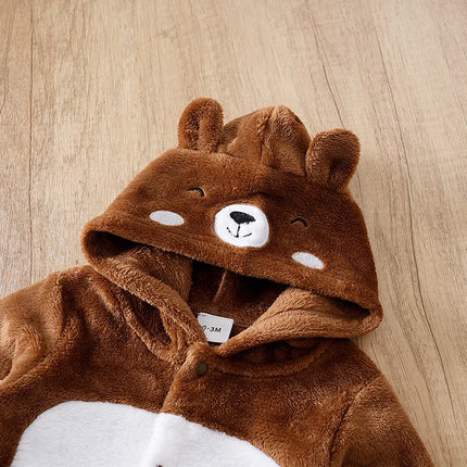 0-36M Plush bear print hoodie baby romper