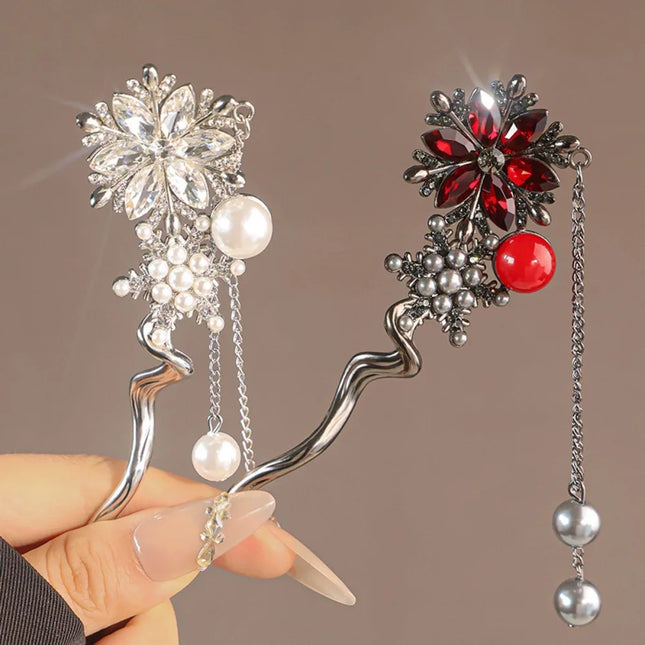 Korean Retro Pearl Rhinestone Tassel Hair Sticks for Women Zircon Crystal Flower Elegant Hair Combs Women Daily U-Shaped Hairpin